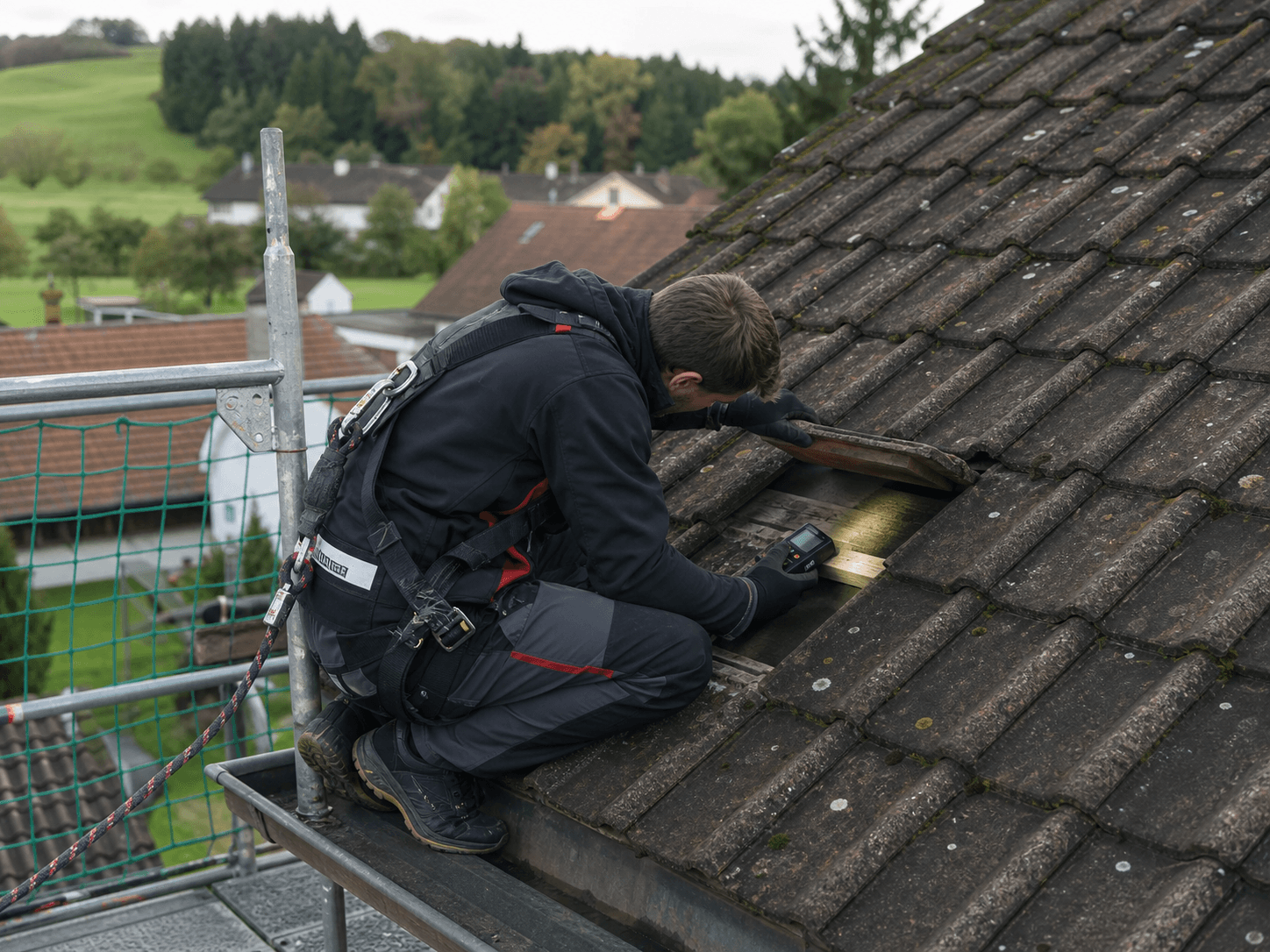 Dachdecker prüft die bestehende Eindeckung und den Dachaufbau.