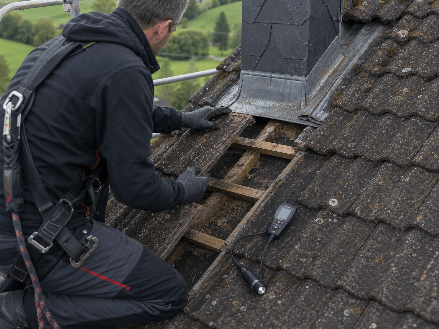 Dachdecker begutachtet einen geöffneten Dachbereich am Kaminanschluss.