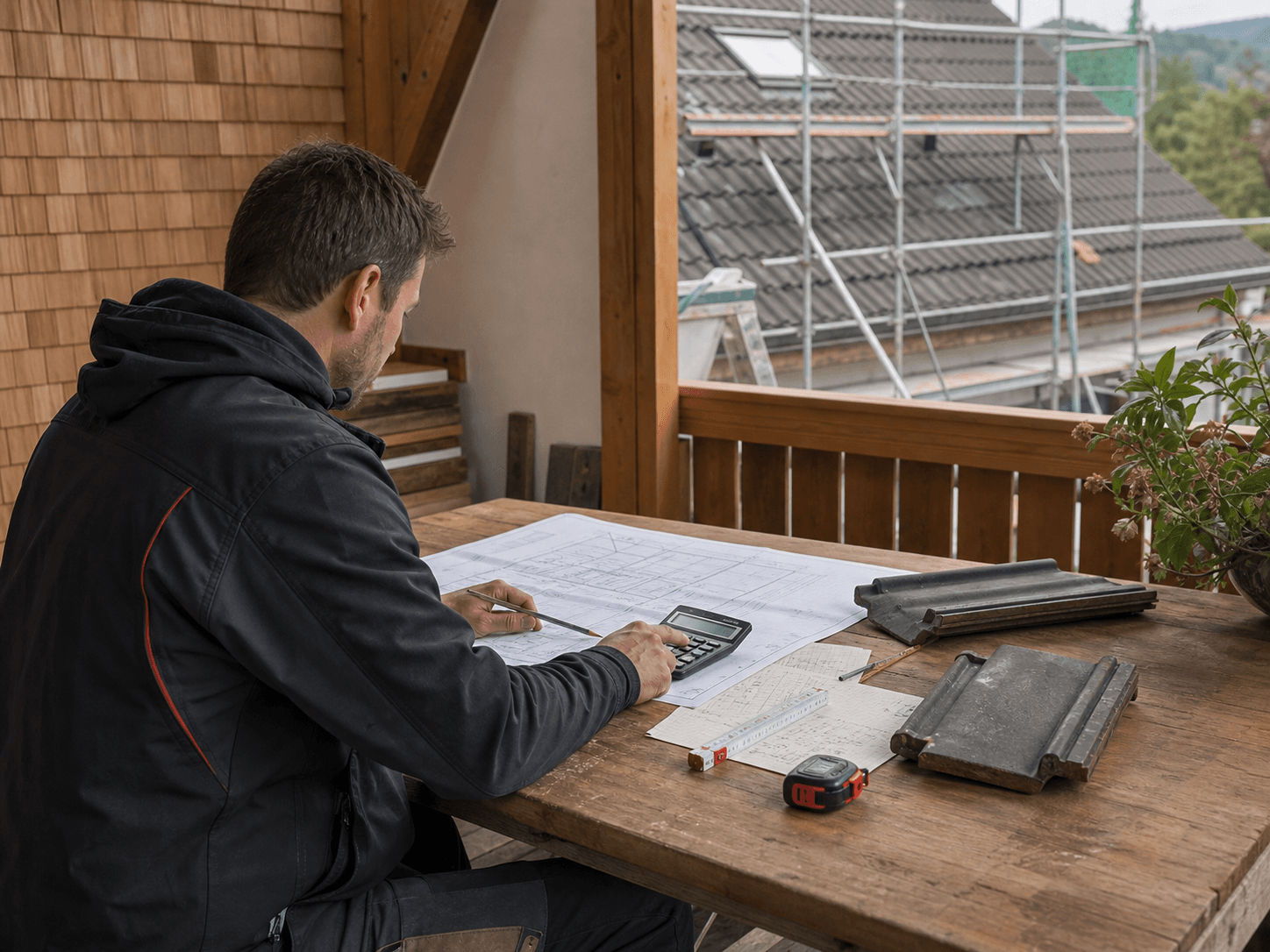 Dachdeckermeister plant den Projektumfang anhand von Aufmaß und Materialmustern.