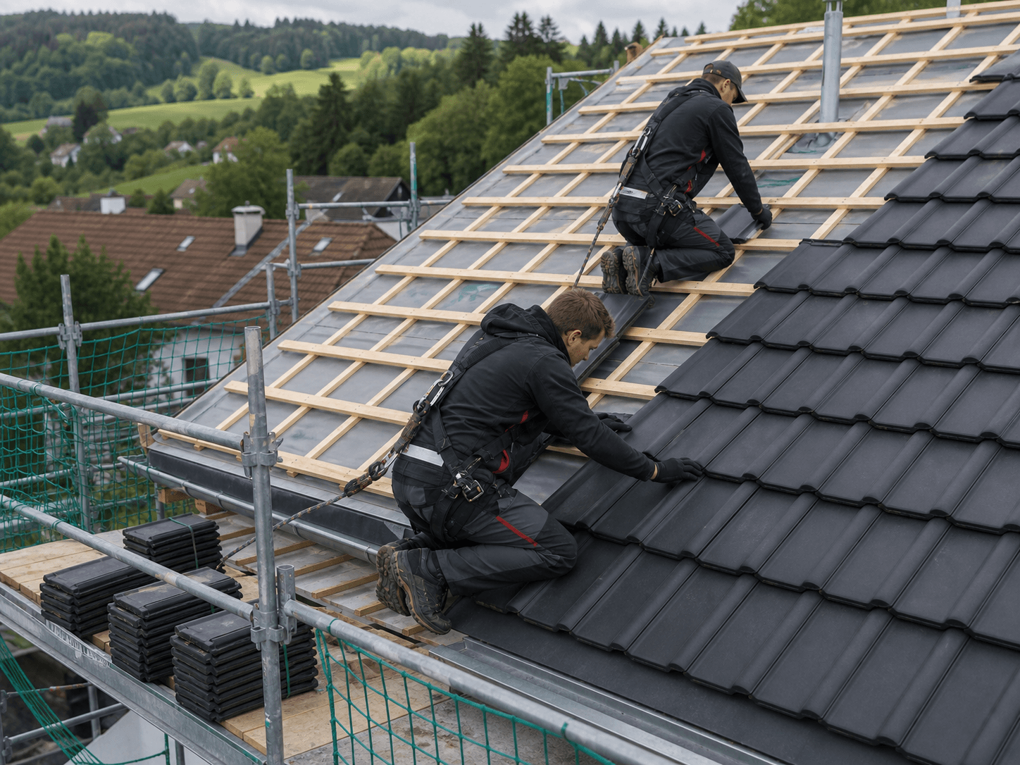 Dachdecker verlegen neue Dachziegel auf dem vorbereiteten Dach.
