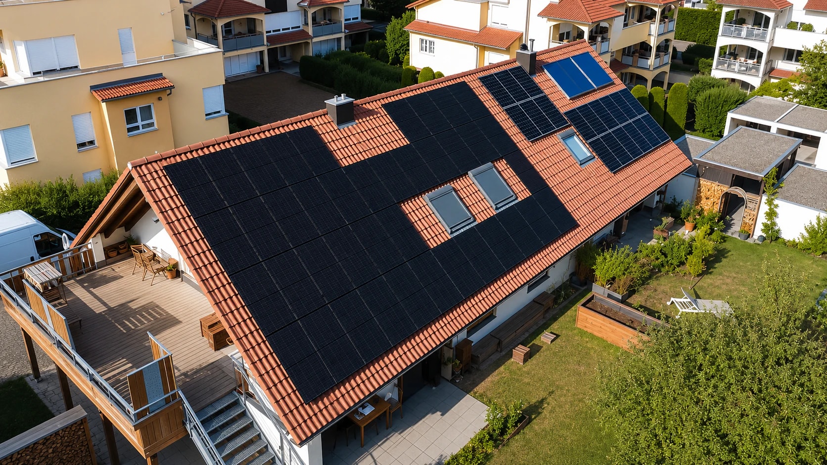 Luftaufnahme eines Wohnhauses mit Photovoltaikanlage